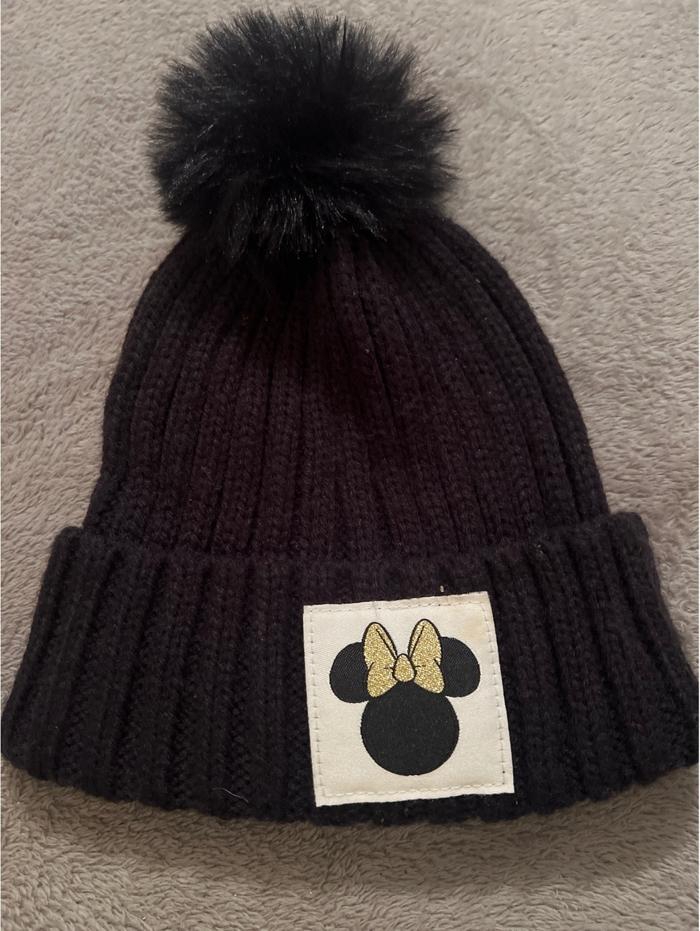Kids Disney Minnie Mouse Black Knit Beanie with Pom Pom